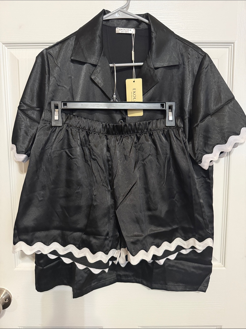 Ekouaer Black Satin Pajama Set with White Trim